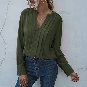 Notched Neck Pleated Front Army Green Blouse